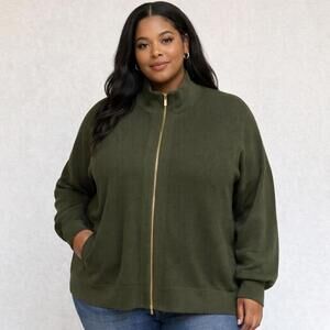 Aleeza Paris Olive Green Textured Zip Knit Jacket Cardigan, Gold Zip (2X, NWT)